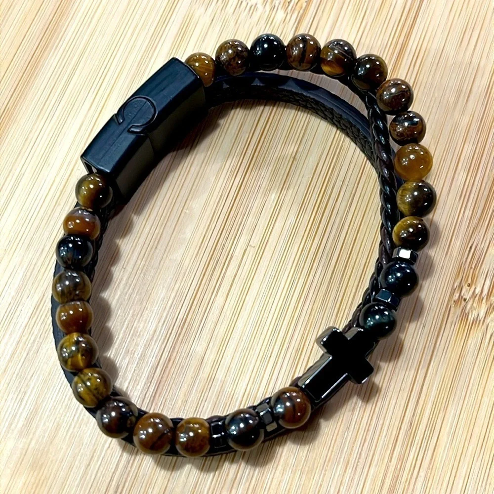 Brand New Men's Beaded Braided Leather Metal Cross Bracelet Magnetic Clasp